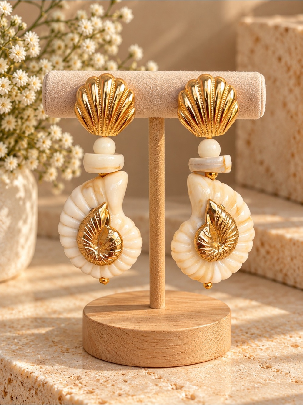 Gold & Cream Seashell Drop Earrings